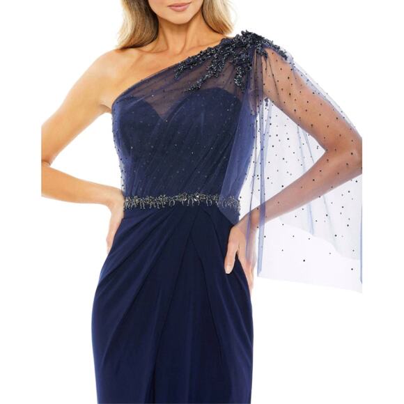 Mac Duggal 16 navy Embellished One Shoulder Draped Gown dress mesh sequin prom - Picture 3 of 7